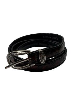 Brighton Women's 02900 Brown Tooled Leather Silver Buckle Slim Belt Large L 34